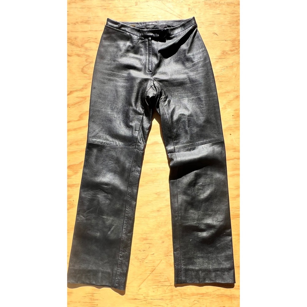 BCBG Max Azria Vintage Black Leather Pants Straight Leg Mid Rise Women Size 2